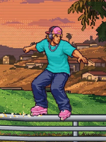 Teal tee, navy jeans, pink skates