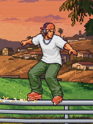 White tee, olive jeans, orange skates